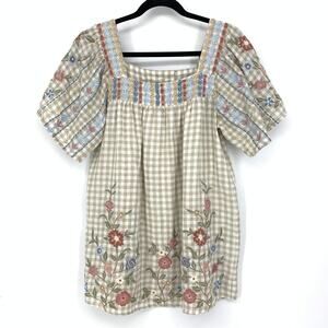 Karyn Seo X Athleta Blouse Women's Sz Small Embroidered Linen Gingham Tan White